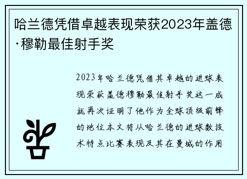 哈兰德凭借卓越表现荣获2023年盖德·穆勒最佳射手奖